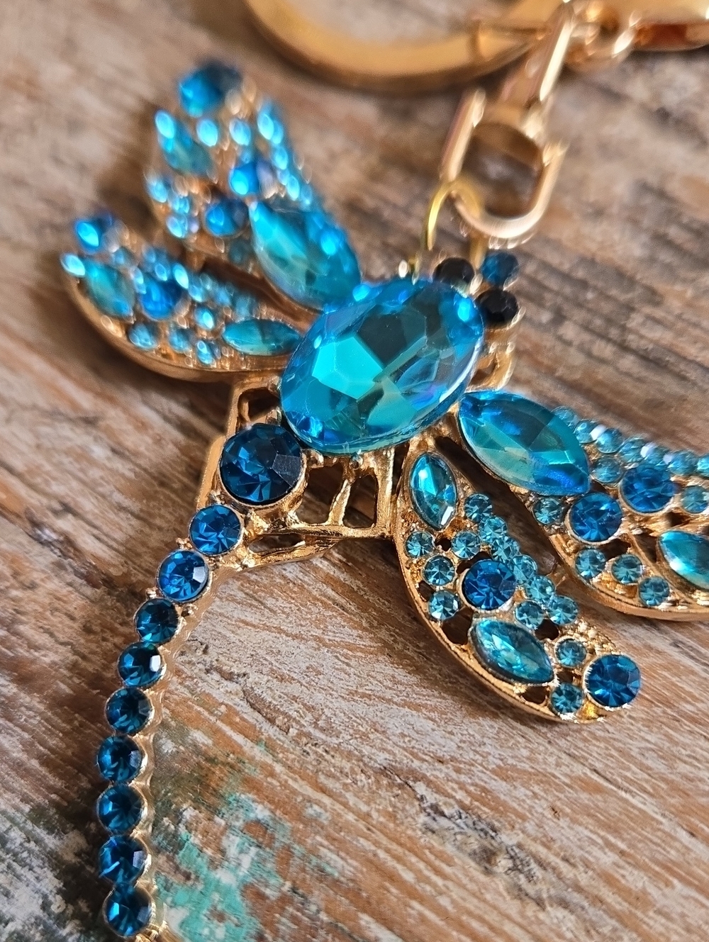 Bling Rhinestone Dragonfly Keychain Bag Charm Teal Blue Braided Wrist (BIN011)